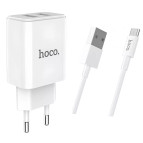 Сетевое зарядное устройство USB-A 2xPorts 2.1A + кабель Micro-USB Hoco Home Charger C62A