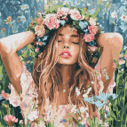 Картина раскраска по  номерам на холсте  - 40*40см Идейка КН8581 Девушка с веночком в поле